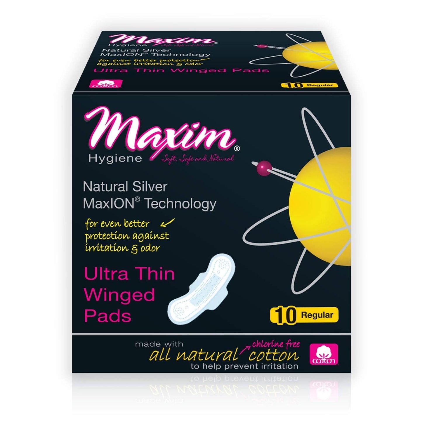 Maxim Hygiene Maxion Natural Ultra Thin Winged Pads, regular, with breathable surface and discreet winged design for comfort.