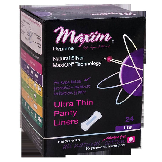 Maxim MaxION Ultra Thin Panty Liners in light absorbency, 24-count box, hygiene product from Pasteur Pharmacy.