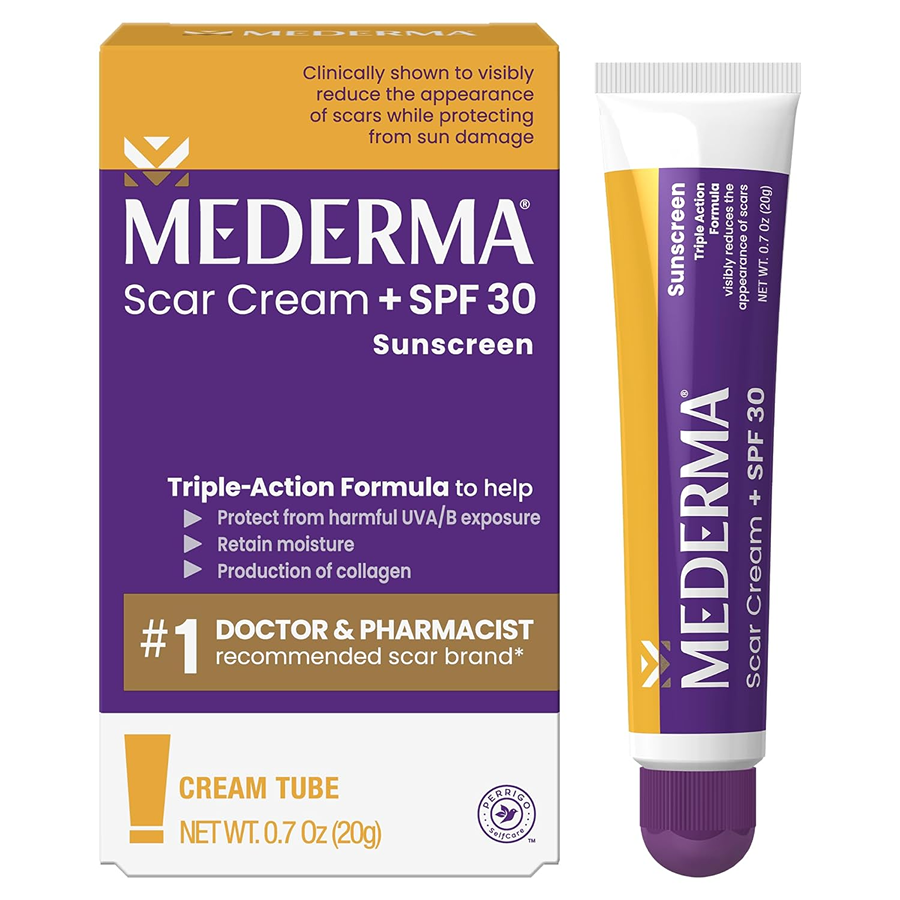 Mederma Scar Cream with SPF 30 in a 0.7oz tube, helping reduce scars and protect skin from sun damage.