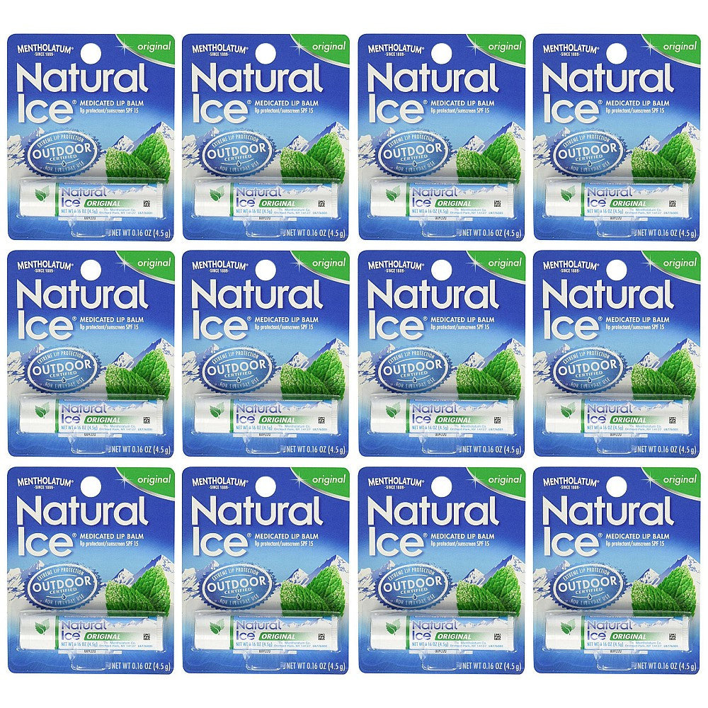 Pack of 12 Mentholatum Natural Ice Original SPF 15 medicated lip balms, soothing and moisturizing for healthy lips.