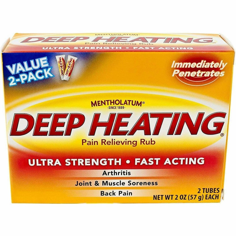 Mentholatum Pain Relieving Rub with deep heating and ultra strength, featuring a white tube with blue accents and a twist cap.
