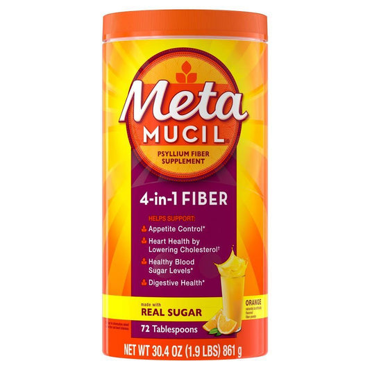 Metamucil Fiber 4-in-1 psyllium supplement powder with real sugar, orange flavor, in a 72-serving container.