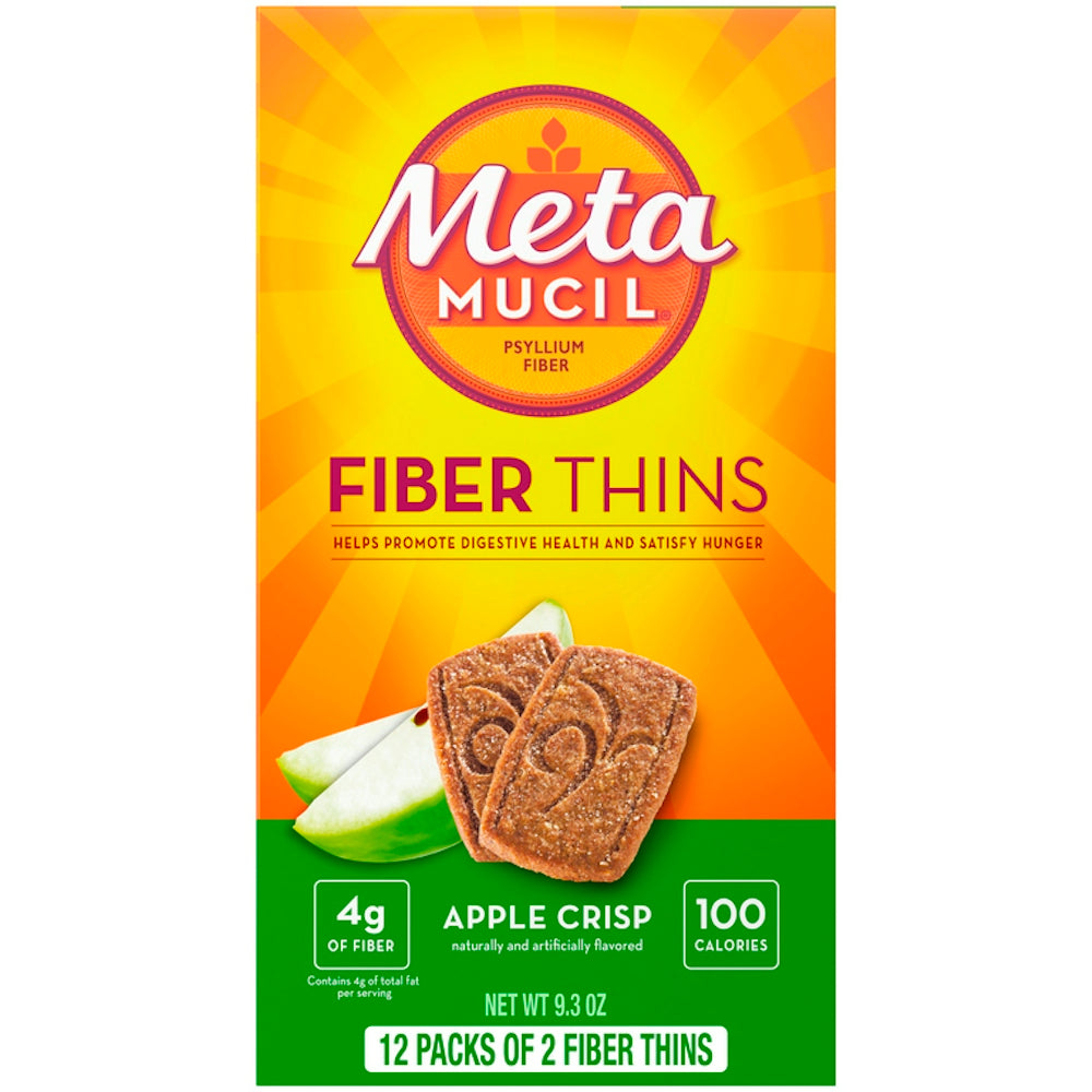 Metamucil Fiber Supplement Thins in Apple Crisp flavor, a health and beauty product with a package featuring the brand and flavor details.