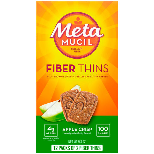 Metamucil Fiber Supplement Thins in Apple Crisp flavor, a health and beauty product with a package featuring the brand and flavor details.