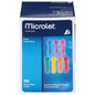 Microlet Bayer colored lancets for blood glucose testing, shown in a package with multiple lancets for diabetes management.