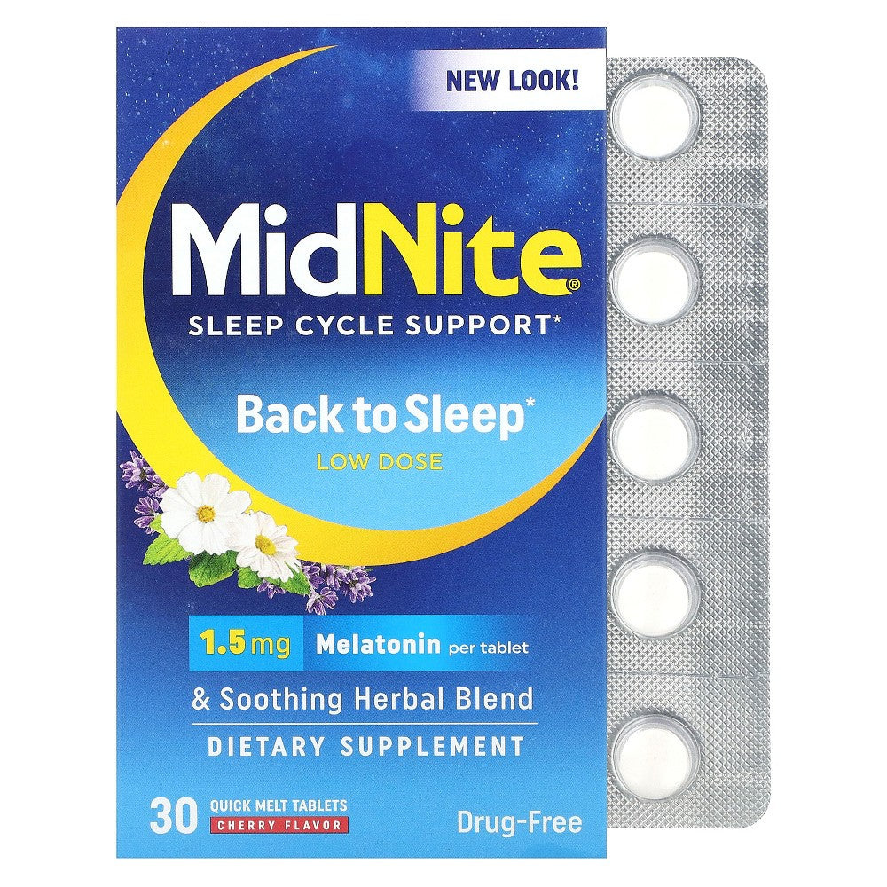 MidNite Sleep Aid low dose 1.5 mg tablets in cherry flavor, health supplement for restful sleep, by Pasteur Pharmacy.