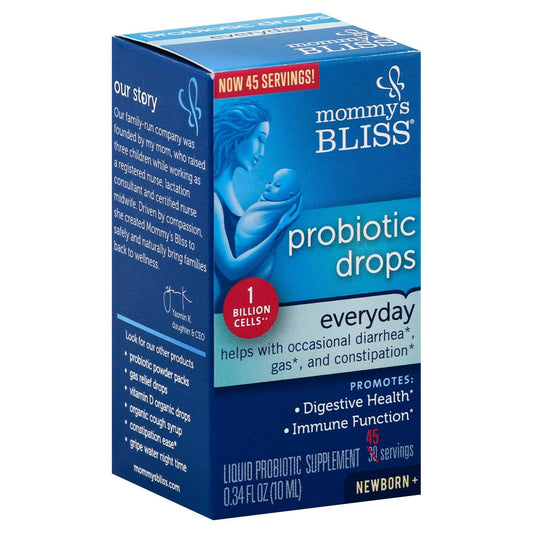 Mommy's Bliss Baby Probiotic Everyday bottle, 0.34 fl oz, with 45 servings, in a health and beauty product image.