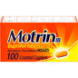 Motrin IB 200mg caplets in a bottle, pain relief medication from Pasteur Pharmacy, 100 count.