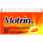 Motrin IB pain reliever and fever reducer coated caplets, 200 mg, displayed in blister packaging, for effective pain relief.