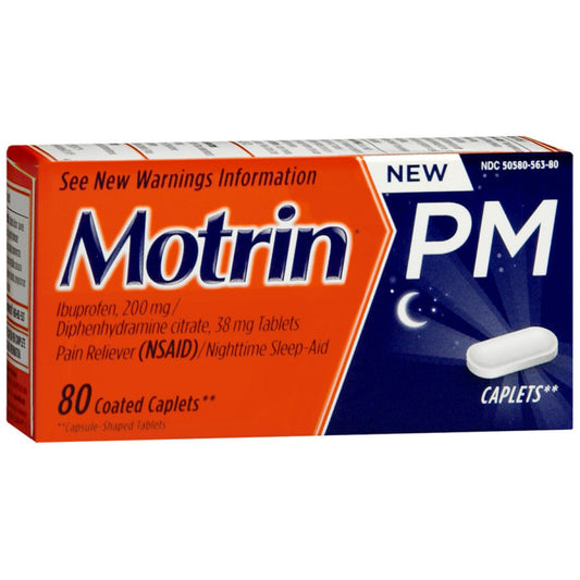 Motrin Pm Pain Reliever 80 coated caplets in a bottle, used for pain relief and sleep aid, from Pasteur Pharmacy.