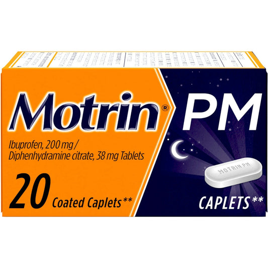 Motrin PM pain reliever and sleep aid coated caplets in a bottle, 200 mg for pain relief and nighttime sleep support.