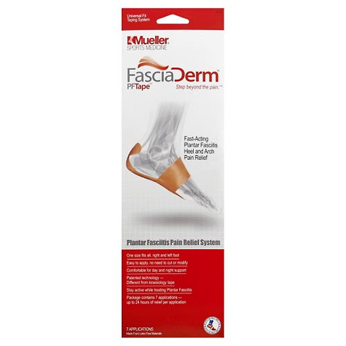 Mueller PFTape Plantar Fasciitis Pain Relief System for foot support and pain relief, shown with tape application on the foot.
