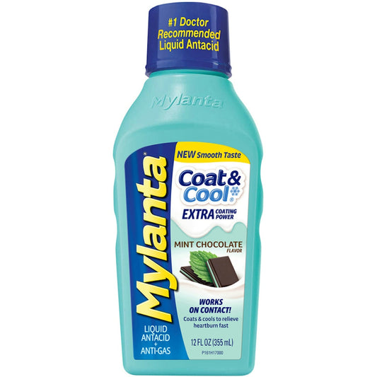 Mylanta Coat & Cool Liquid Antacid and Anti-Gas in Chocolate Mint flavor, 12oz bottle, for digestive relief, by Pasteur Pharmacy.