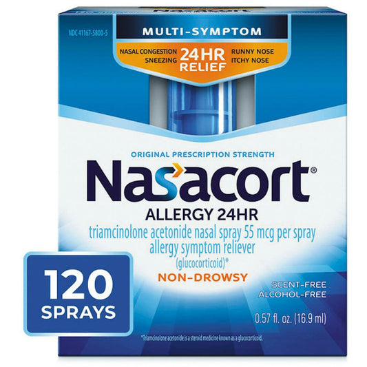 Pasteur Pharmacy Nasacort Nasal Spray for allergy relief, 0.57 fl oz, showing the spray bottle and packaging.