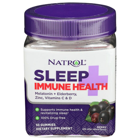 Natrol Sleep + Immune Health Gummies in berry flavor, soft gummies with purple and red berries, supporting restful sleep and immune health.