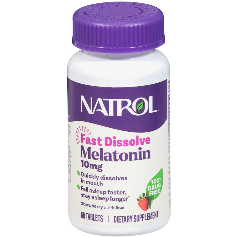Natrol Sleep Melatonin 10 mg fast dissolve strawberry tablets for natural sleep support, from Pasteur Pharmacy.
