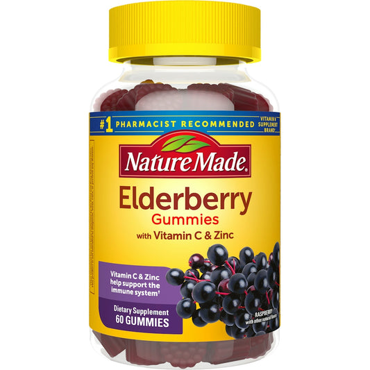Nature Made Elderberry Gummies with Vitamin C and Zinc in raspberry flavor, shown in a clear bottle with gummies inside.