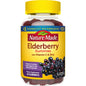 Nature Made Elderberry Gummies with Vitamin C and Zinc in raspberry flavor, shown in a clear bottle with gummies inside.