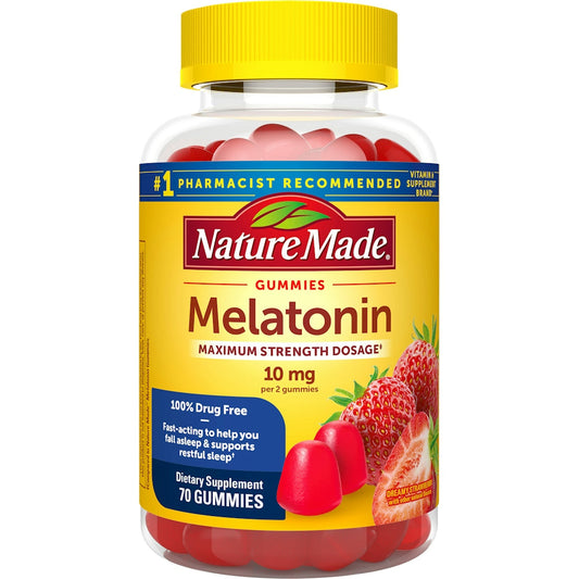 Nature Made Melatonin gummies in dreamy strawberry flavor, maximum strength 10 mg for restful sleep, from Pasteur Pharmacy.