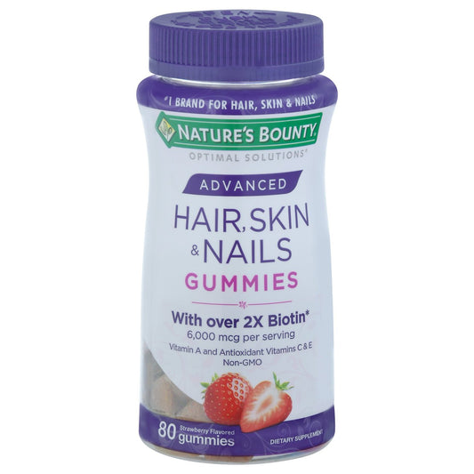 Nature's Bounty Optimal Solutions Advanced Hair, Skin & Nails supplement bottle on a white background.