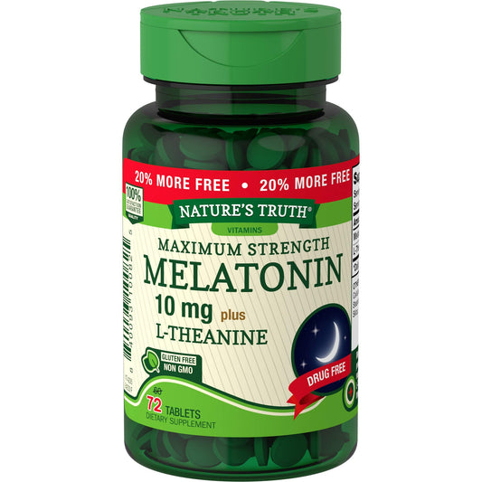 Nature's Truth Sleep Melatonin Plus L-Theanine 10 mg tablets, dietary supplement for restful sleep, shown in bottle.