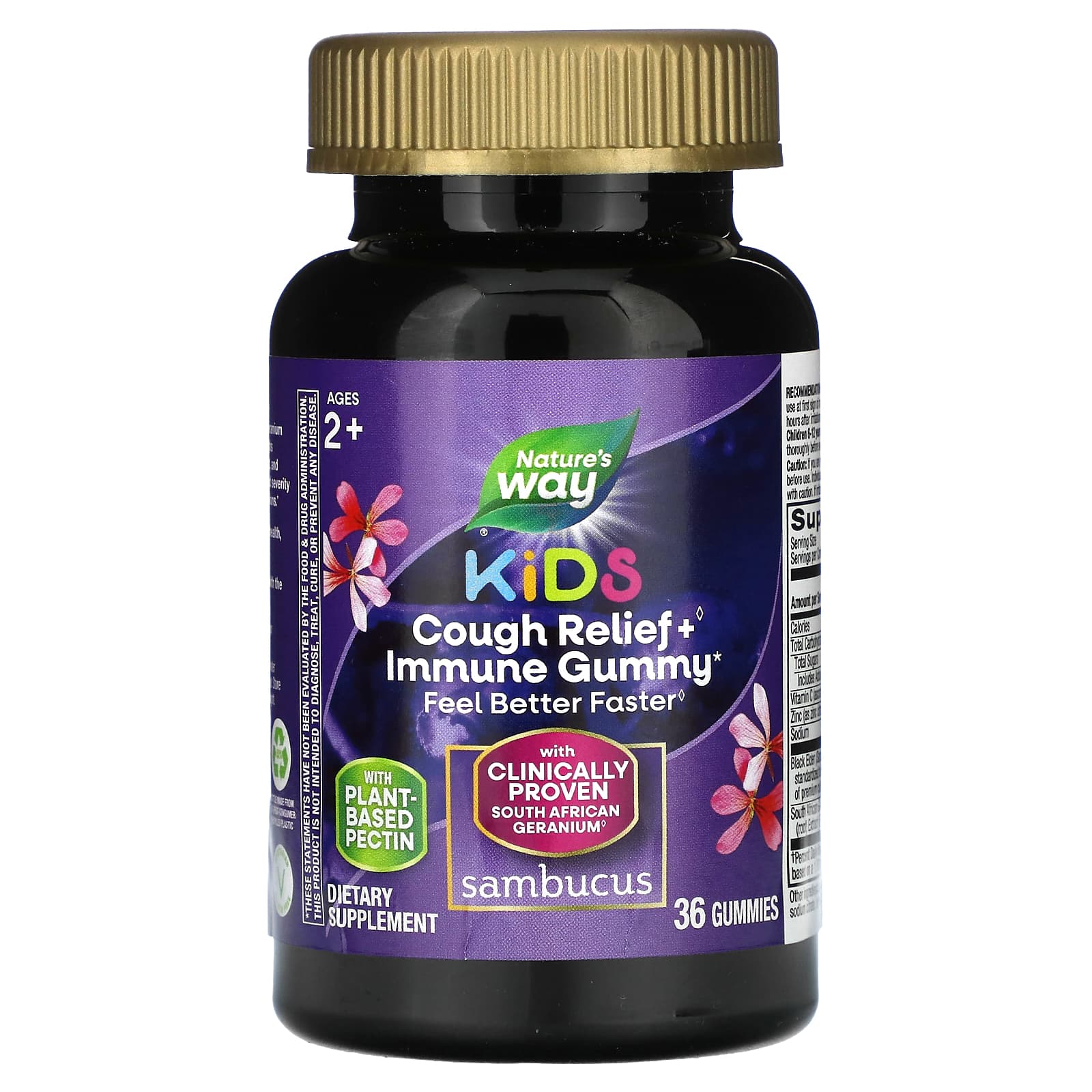 Nature's Way Kids Cough Relief and Immune Gummies with Sambucus, suitable for children ages 2 and up, in a natural flavor.