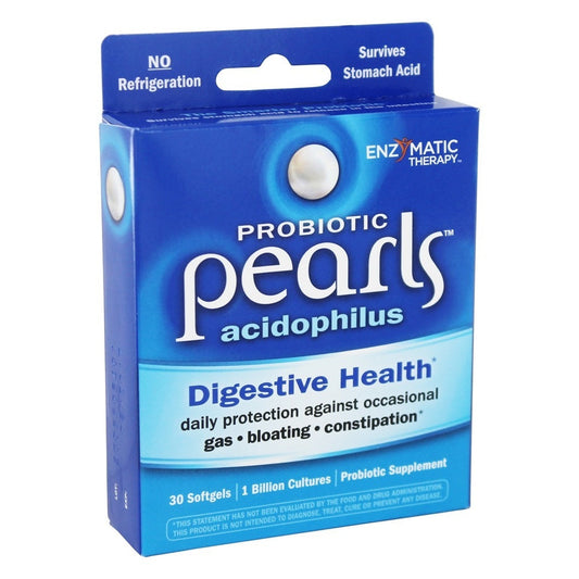 Nature's Way Enzymatic Therapy Probiotic Pearls Acidophilus 1 Billion softgels for digestive health, displayed in a bottle.