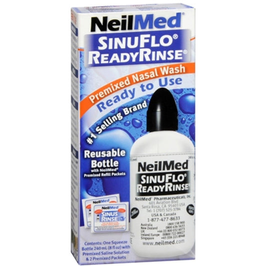 NeilMed Sinuflo Ready Rinse nasal wash kit with pre-mixed solution for nasal irrigation, in a clear plastic bottle with nozzle.
