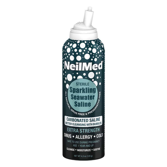 NeilMed Sterile Sparkling Seawater Saline bottle for nasal irrigation, clear and labeled with blue cap and brand logo.
