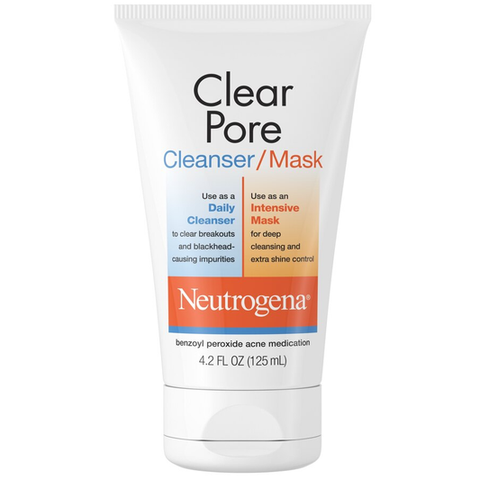 Neutrogena Clear Pore 2-in-1 facial cleanser and mask with kaolin, bentonite clay, and 3.5% benzoyl peroxide for acne treatment.