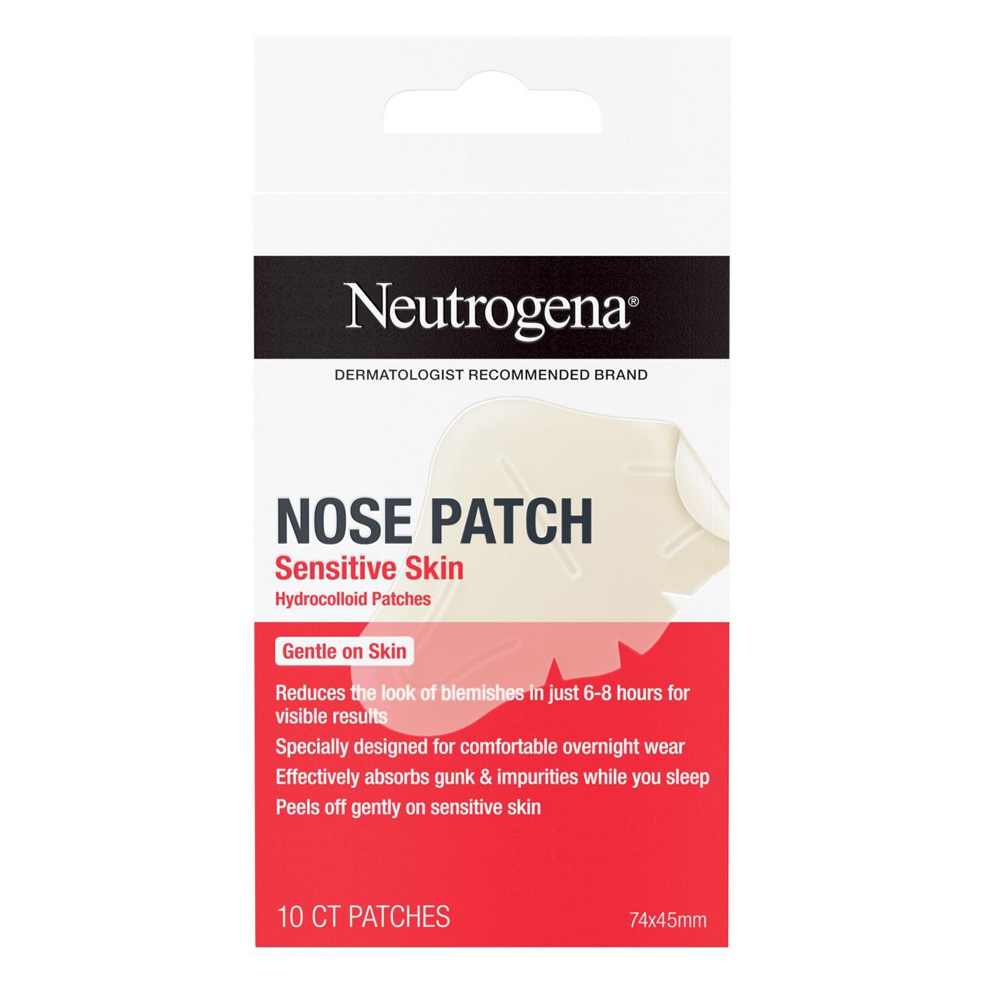 Neutrogena Sensitive Skin Nose Patch pack with 10 adhesive patches for gentle pore cleansing and skin soothing.