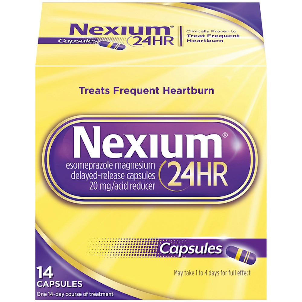 Nexium 24HR Acid Reducer capsules by Pasteur Pharmacy, Esomeprazole Magnesium for heartburn relief, in blister pack.