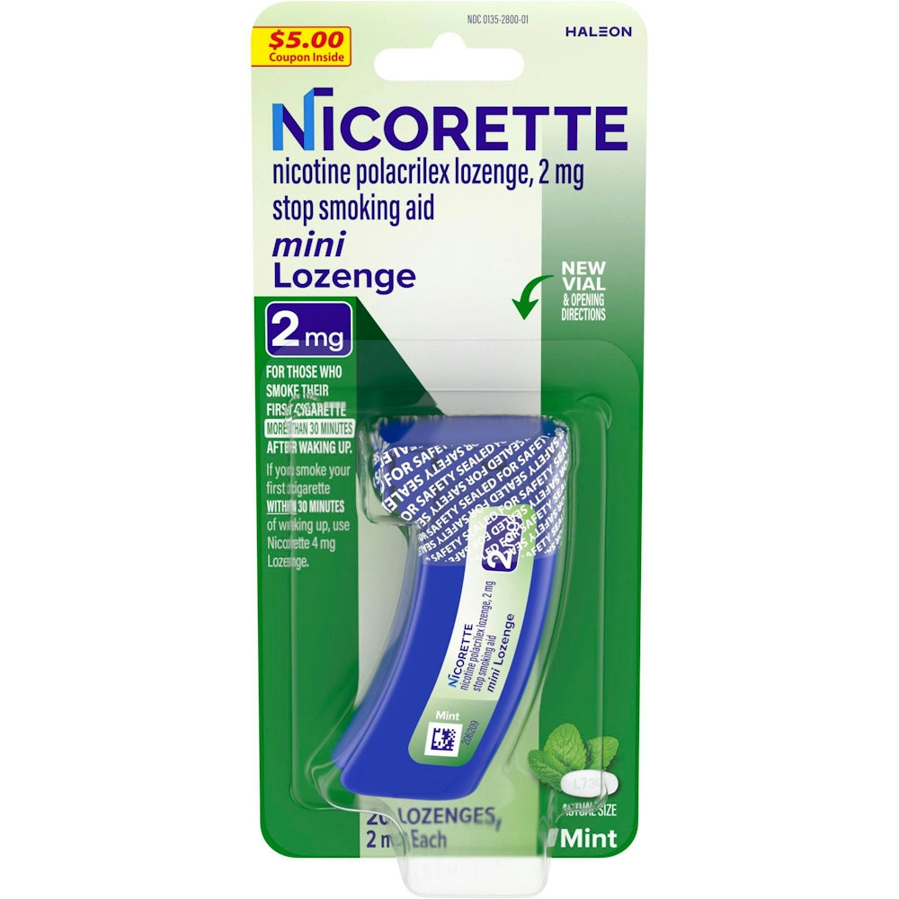 Nicorette Mini Nicotine Lozenges Stop Smoking Aid 2mg mint flavor, small packets for quitting smoking, by Pasteur Pharmacy.