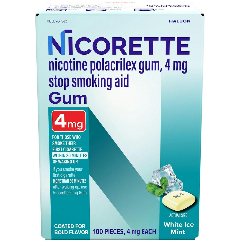 Nicorette Nicotine Gum Stop Smoking Aid in White Ice Mint flavor, 4 mg, displayed on a plain background