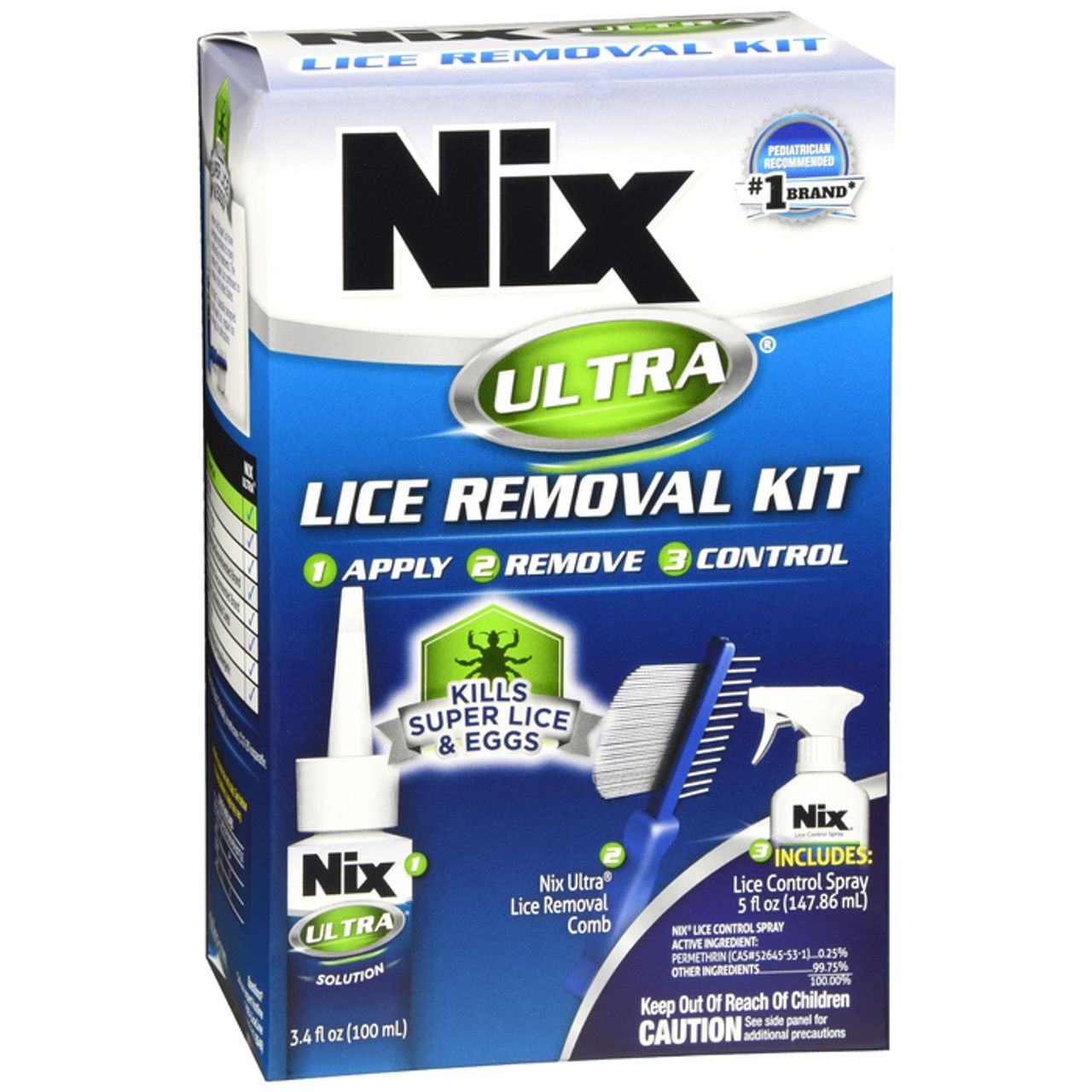 Nix Ultra Super Lice Removal Kit from Pasteur Pharmacy for hair and home, includes lice treatment bottles and combs.