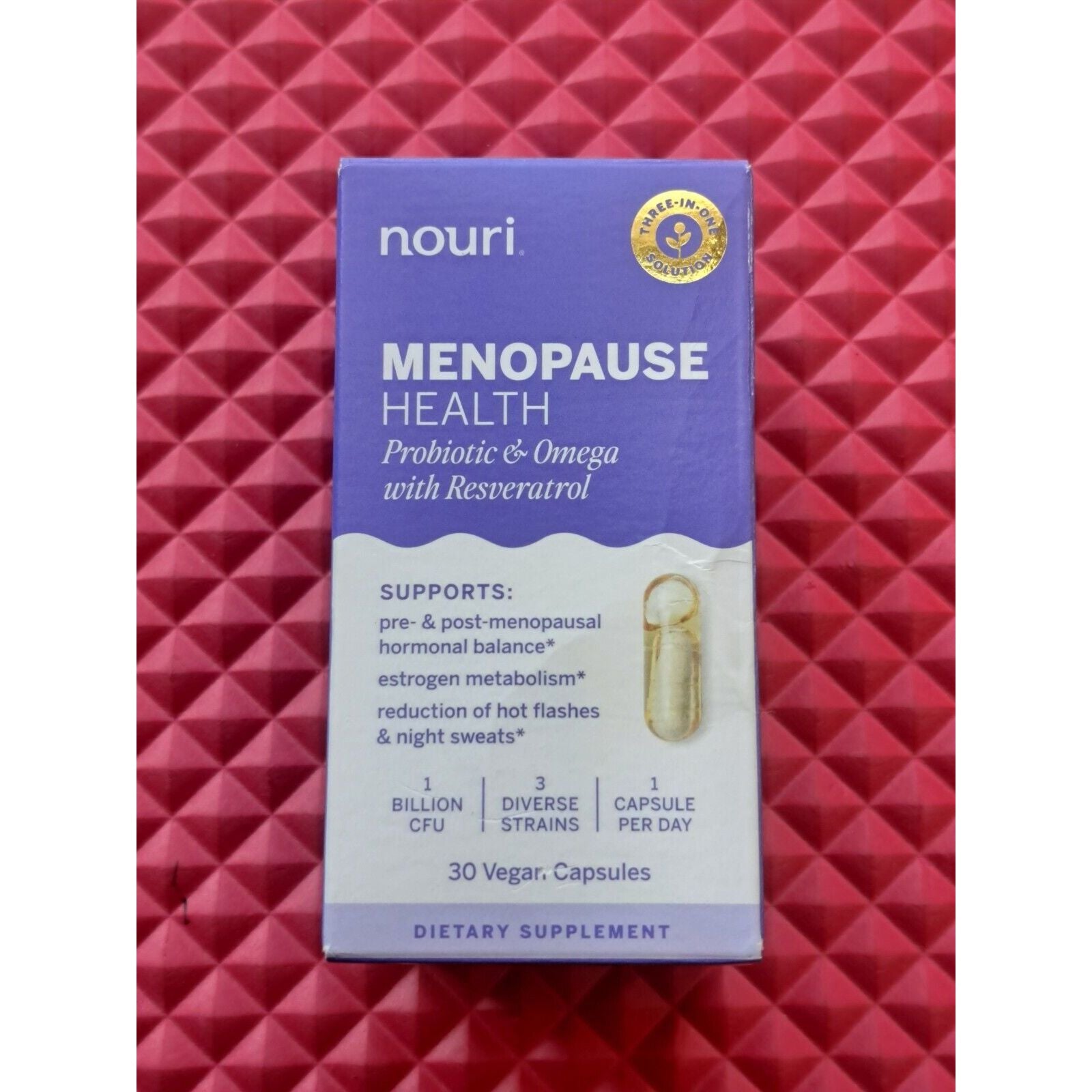 Nouri Menopause Health probiotic capsules by Pasteur Pharmacy, 30-count bottle, dietary supplement for menopause support.