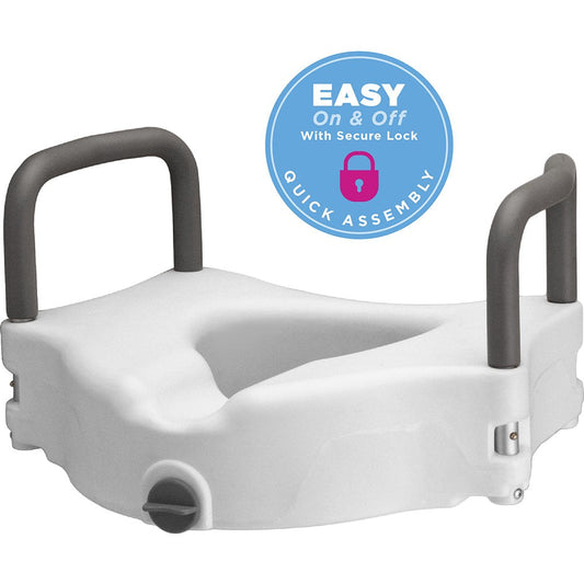 White Nova 5-inch raised toilet seat with detachable arms for improved comfort and support in bathroom aid applications.