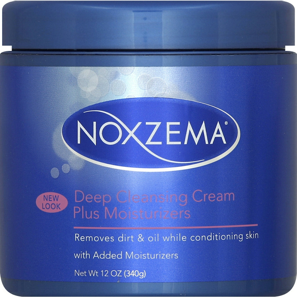 Noxzema Classic Clean Moisturizing Plus Cleansing Cream for all skin types in a 12oz jar, with a white and blue label.