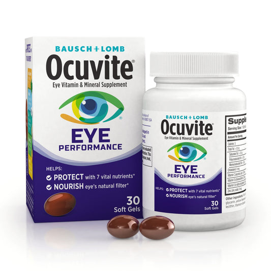 Ocuvite Bausch + Lomb Eye Performance Formula soft gels for eye health, displayed in a clear container with capsules inside.