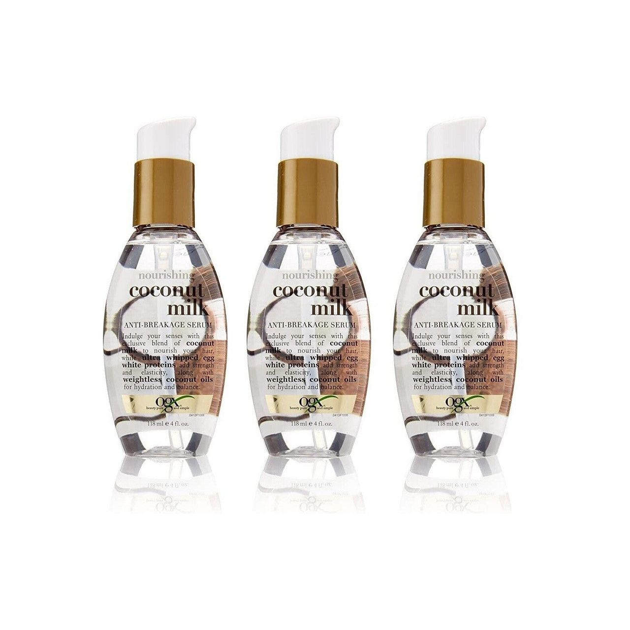OGX Anti Breakage Serum with nourishing coconut milk, 4 fl oz bottle, designed to strengthen and repair hair.