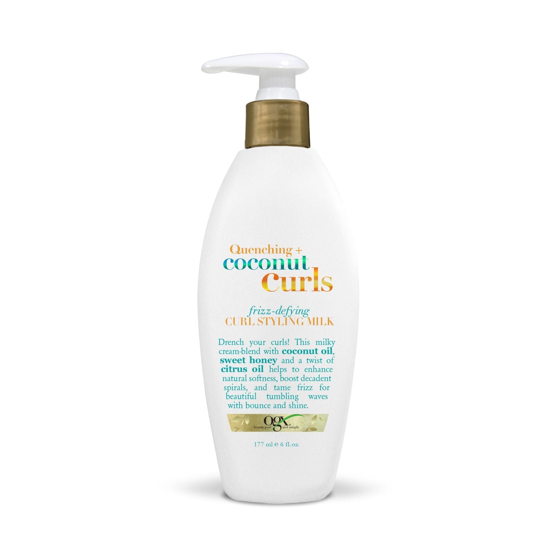 OGX Quenching Coconut Curls Frizz-Defying Curl Styling Milk in 6 oz bottle, hydrating and defining curly hair.