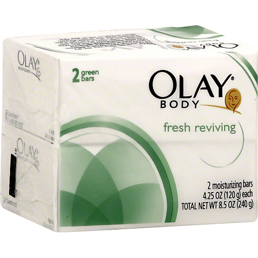 Olay Fresh Reviving Body Moisturizing Bar displayed with packaging, highlighting its health and beauty skincare benefits.