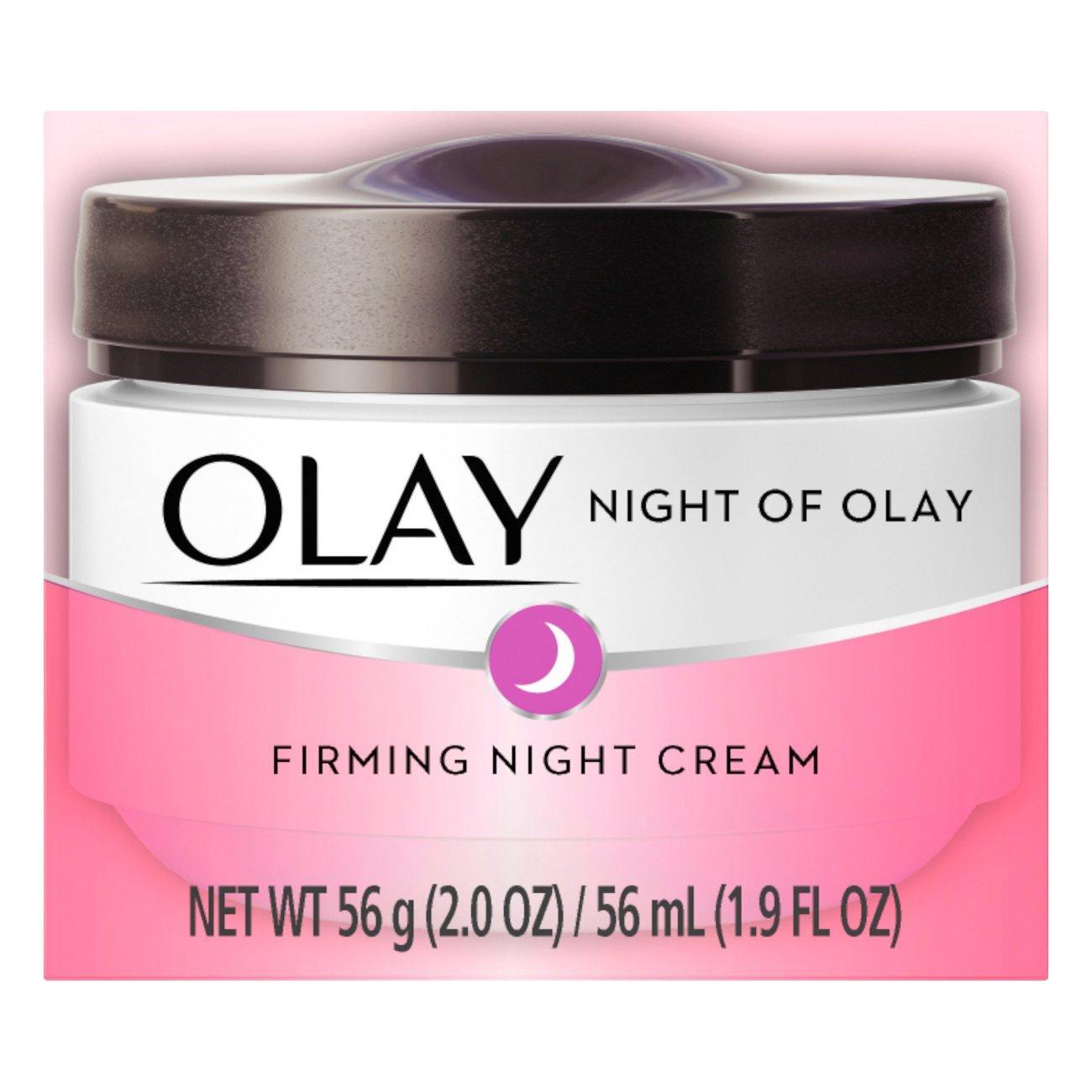 Olay Night of Firming Cream in a 2 oz jar, designed for skin firming, displayed on a plain background.