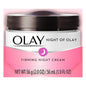 Olay Night of Firming Cream in a 2 oz jar, designed for skin firming, displayed on a plain background.