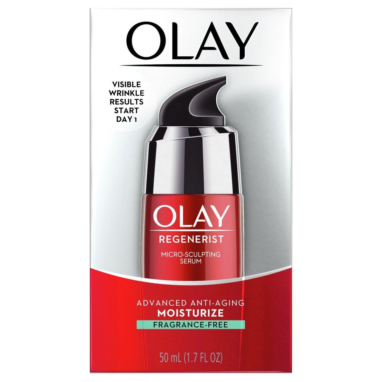 Olay Regenerist Micro-Sculpting Serum fragrance-free face moisturizer in 1.7 oz bottle, suitable for healthy skin care.