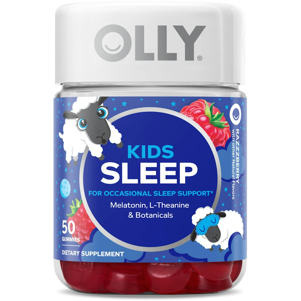 Olly Kids Sleep Raspberry Gummies with 0.5mg melatonin for children, dietary supplement in a colorful bottle.