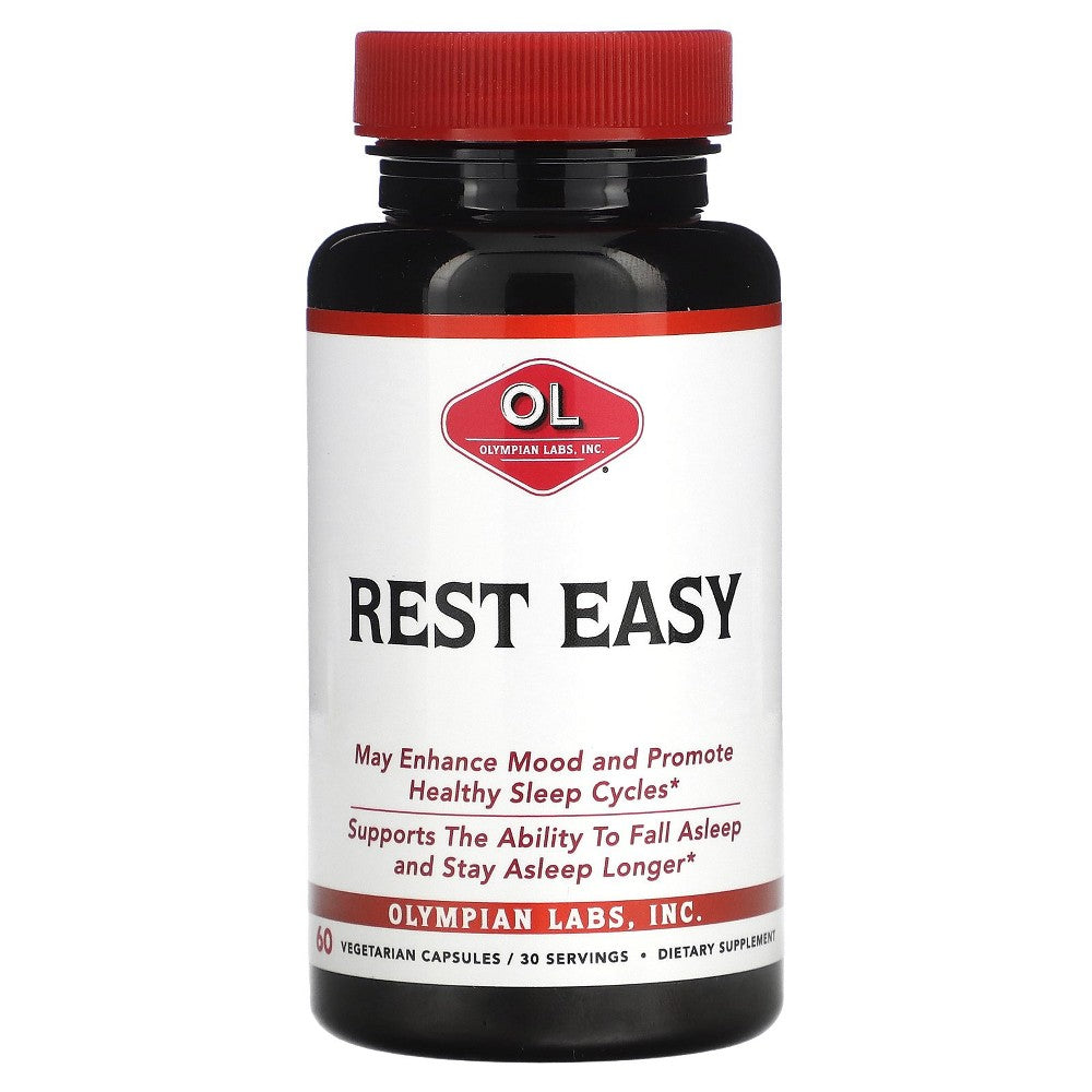 Olympian Labs Rest Easy vegetarian capsules for relaxation and sleep, displayed in a bottle on a white background