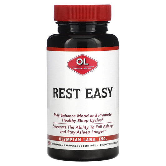 Olympian Labs Rest Easy vegetarian capsules for relaxation and sleep, displayed in a bottle on a white background