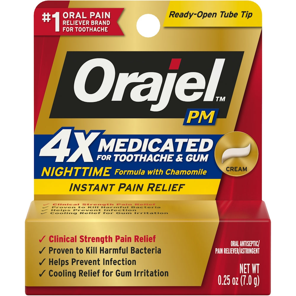Orajel PM Toothache Pain Relief Cream by Pasteur Pharmacy, 0.25 oz tube showing product packaging and applicator