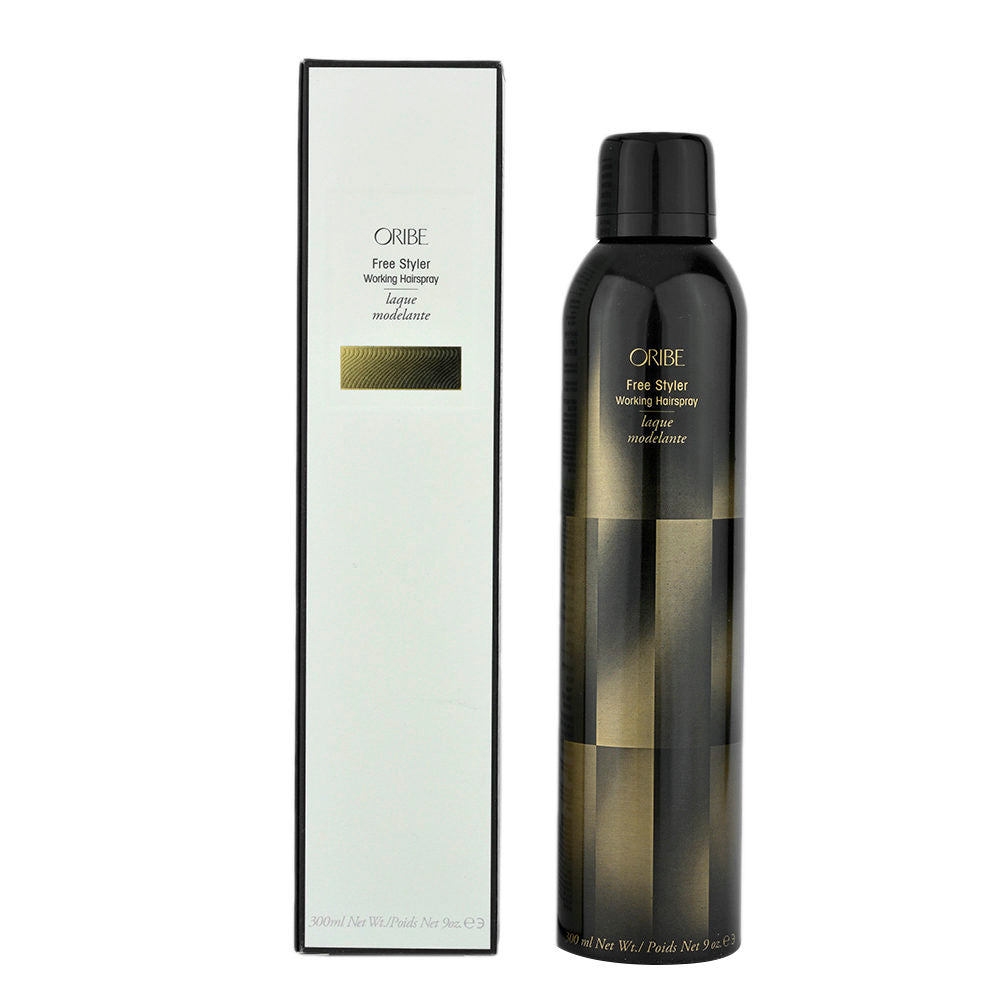 Oribe Free Styler Working Hairspray in a spray bottle, designed for flexible hold and frizz control in hair styling.